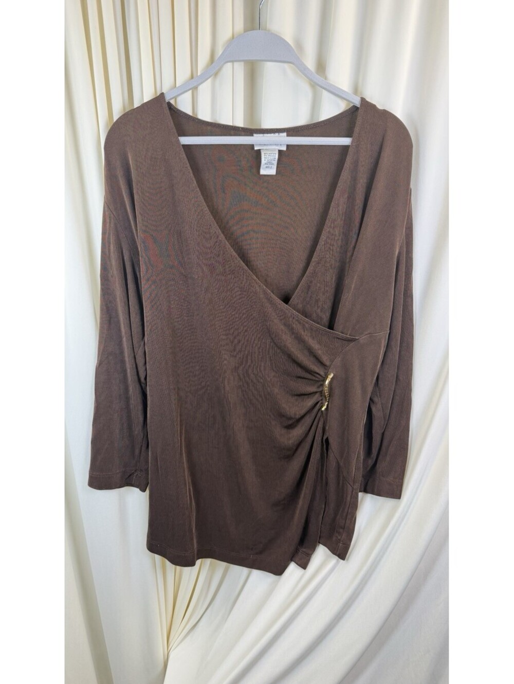 Chico's Travelers Faux Wrap Top Chocolate Brown Slinky Knit Size 2/L/12